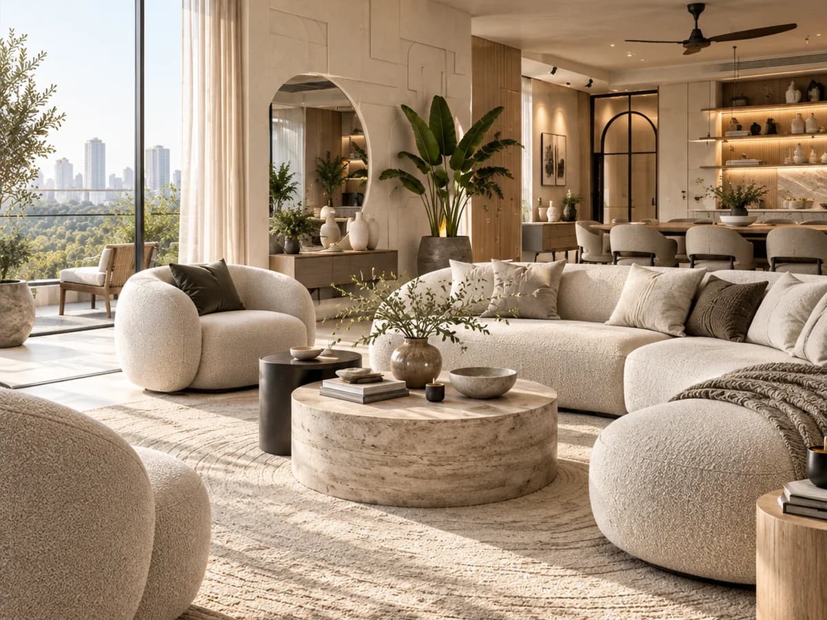 Open-plan living and dining space with boucle seating, a round travertine table, a curved mirror and a timber-lined kitchen beyond