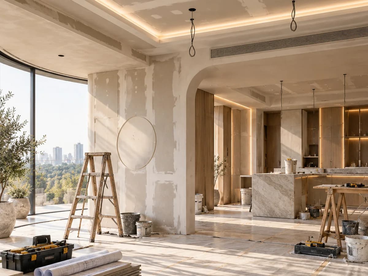 Apartment mid-renovation with a stepladder, paint pails, rolled drawings and a toolbox in front of part-finished plaster and a cove-lit ceiling