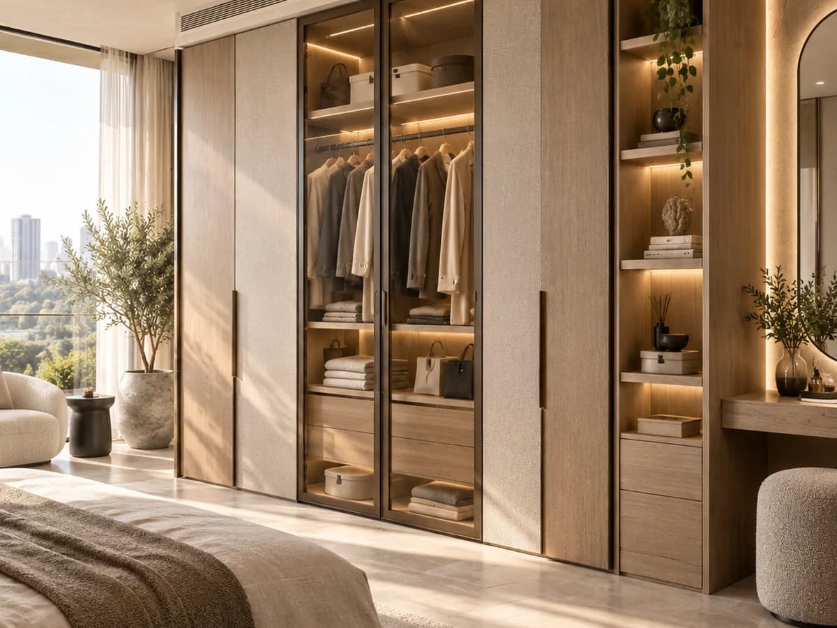 Floor-to-ceiling wardrobe run with glazed centre doors, internal lighting, folded storage and an adjoining dresser