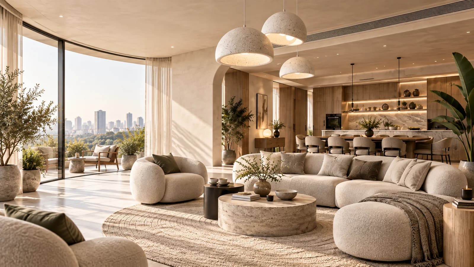 Open-plan living room and kitchen in warm neutrals, with boucle seating, a travertine table and a city view beyond the terrace