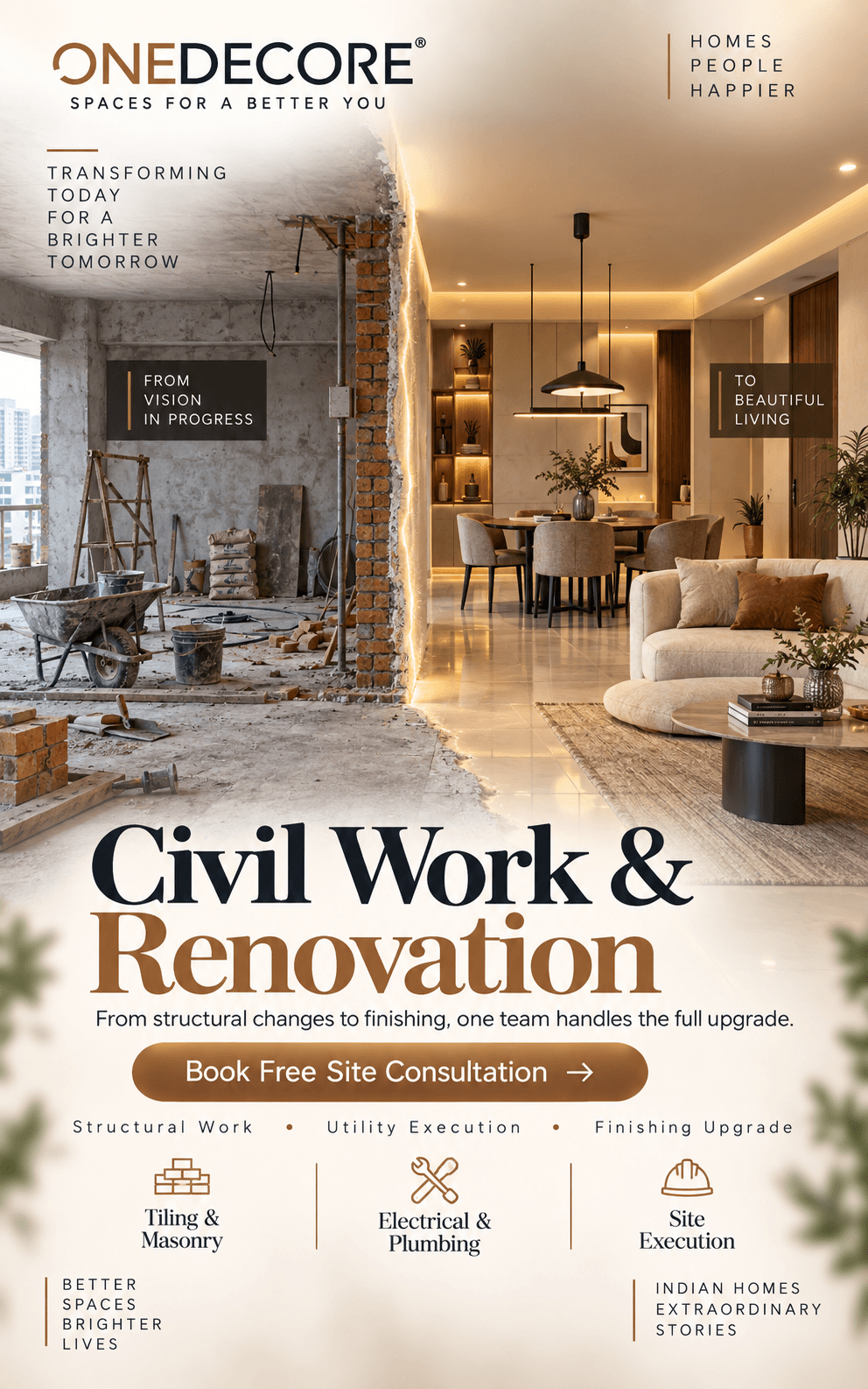 Civil Work and Renovation — structural changes, ceilings, electrical and finishing work.